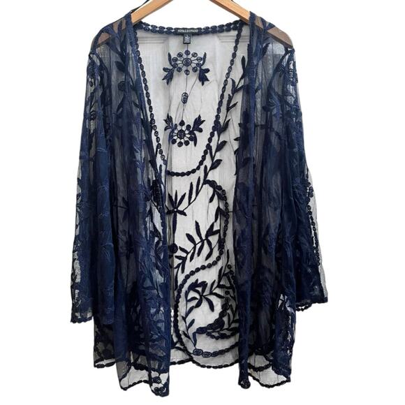 Nina Leonard Floral Embroidered Mesh 3/4 Sleeves Open Duster Cardigan Large - Picture 1 of 9